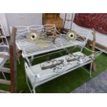 A GOOD QUALITY REGENCY STYLE SET OF WROUGHT IRON GARDEN FURNITURE TO INCLUDE A TABLE, TWO