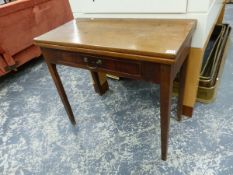 A GEO.III.MAHOGANY FOLD OVER TEA TABLE WITH FRIEZE DRAWER ON SQUARE TAPERED LEGS. 82 x 81 x H.70cms.