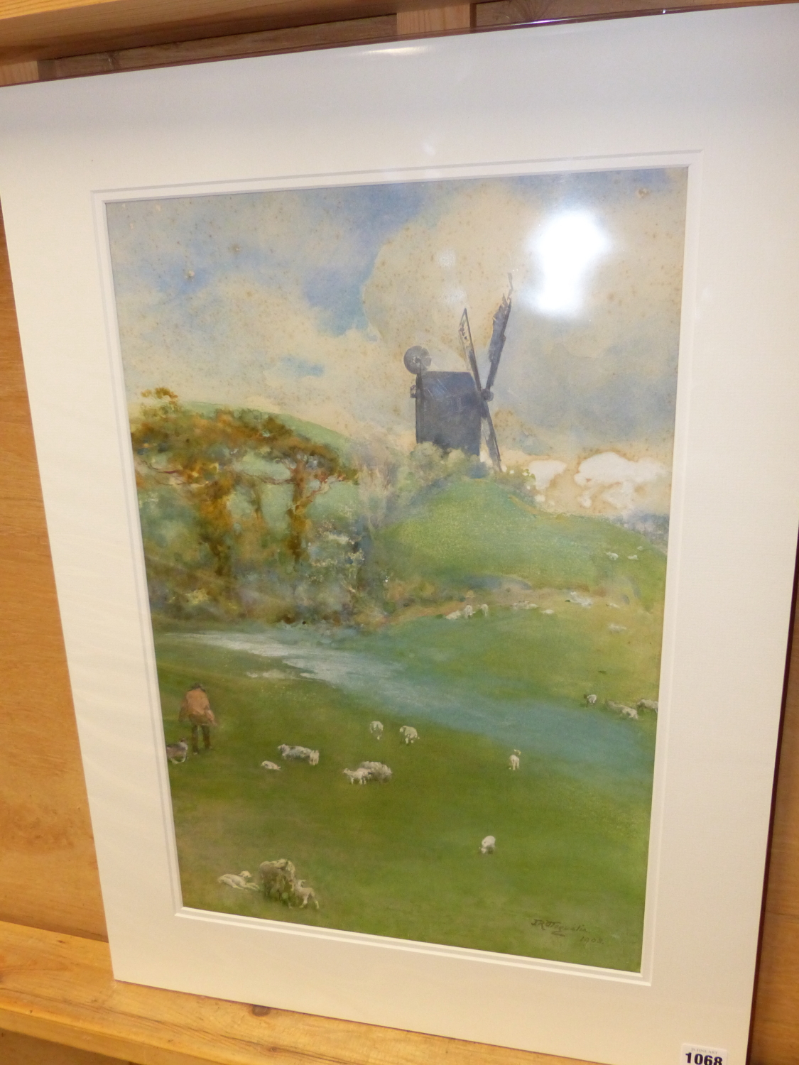 EARLY 20th.C.SCHOOL. SHEEP IN A LANDSCAPE WITH A WINDMILL, SIGNED AND INDISTINCTLY DATED 1908, - Image 4 of 5