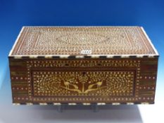 AN INDIAN HARDWOOD BOX INLAID IN IVORY AND HORN WITH FINE FOLIAGE AND TWO PEACOCKS FLANKING THE