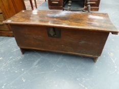 A 17th/18th.C.ELM PLANK COFFER. 98 x 38 x H.47cms.