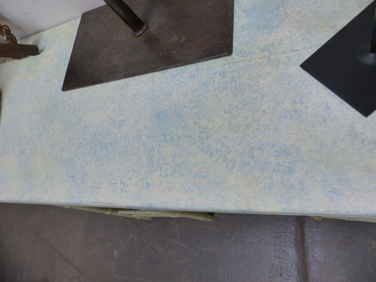 A SPONGED BLUE ON CREAM CONSOLE TABLE, THE RECTANGULAR TOP ON SIMULATED BAMBOO TAPERING - Image 2 of 4