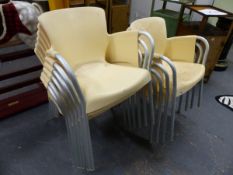 A SET OF TEN MOULDED PLASTIC AND ALUMINIUM STACKING GARDEN ARMCHAIRS BY RESOL.