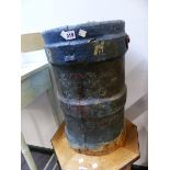 A ROYAL NAVY CANVAS SHOT CARRIER PAINTED BLUE AND BEARING THE ROYAL ARMORIAL. Dia. 30 x H 53cms.