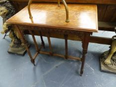 AN EASTERN STYLE ROSEWOOD PARQUETRY TOPPED RECTANGULAR TABLE, THE FRET EDGED APRON FORMING TWO