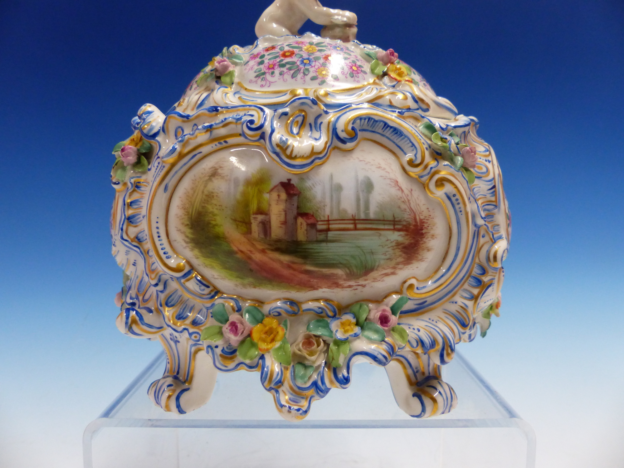 A PASSAU COVERED PORCELAIN BOWL PAINTED WITH BLUE ROCOCO FRAMED RESERVES OF A WATER MILL AND OF A - Image 7 of 11