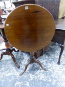 AN EARLY 19th.C.MAHOGANY BIRDCAGE TILT TOP TRIPOD TABLE. Dia.61cms TOGETHER WITH A SIMILAR PERIOD