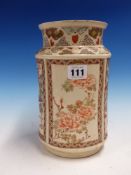 A SATSUMA WAISTED CYLINDRICAL VASE PAINTED WITH ALTERNATING PANELS OF DIGNITARIES AND FLOWERS,