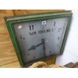 A VINTAGE ADVERTISING WALL CLOCK TOGETHER WITH THREE INDUSTRIAL TYPE HANGING LIGHTS. (4)