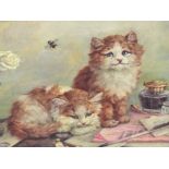 EARLY 20th.C.SCHOOL. TWO KITTENS, POSSIBLY SIGNED INDISCTINCTLY, OIL ON CANVAS, UNFRAMED. 30.5 x