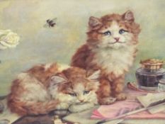 EARLY 20th.C.SCHOOL. TWO KITTENS, POSSIBLY SIGNED INDISCTINCTLY, OIL ON CANVAS, UNFRAMED. 30.5 x