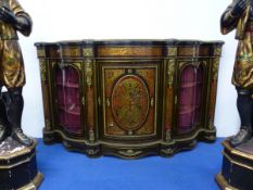 AN IMPRESSIVE ANTIQUE BOULLE ORMOLU MOUNTED CREDENZA CABINET OF BOWED SERPENTINE FORM WITH