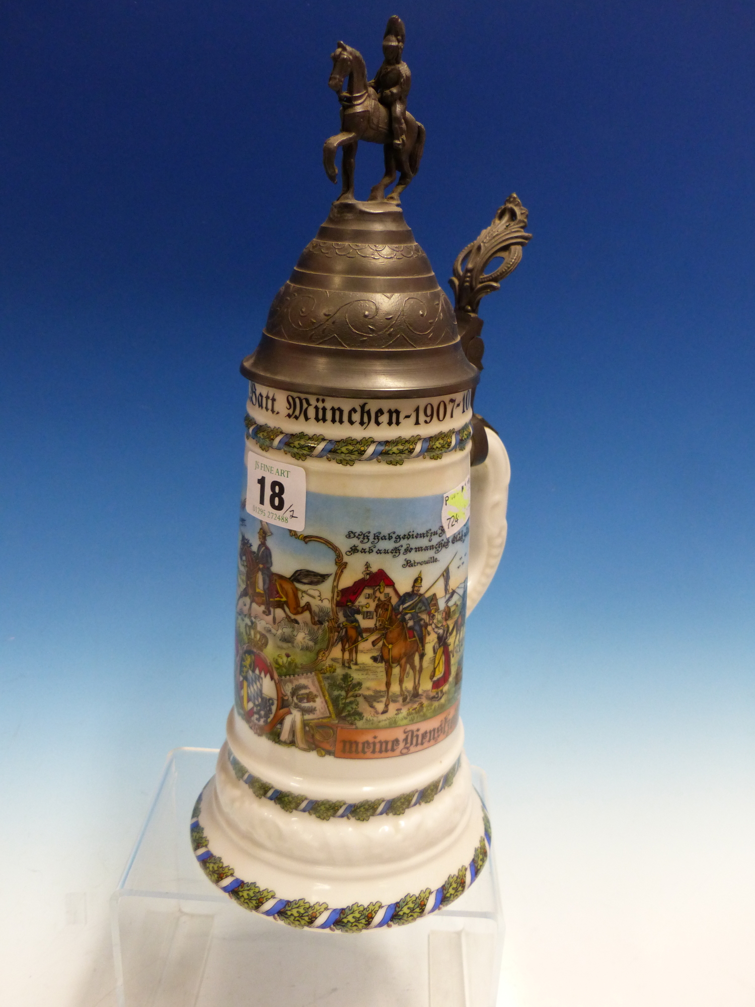 A KUHR PORCELAIN PEWTER LIDDED TANKARD DECORATED FOR A MUNICH CAVALRY BATTALION. H 31.5cms. TOGETHER - Image 9 of 11