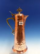 AN ART NOUVEAU WMF COPPER AND BRASS LIDDED EWER WITH FLOWER AND CLOVER LEAF DECORATION. H.36cms.
