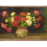 20th.C.CONTINENTAL SCHOOL. STILL LIFE OF FLOWERS, SIGNED INDISTINCTLY, OIL ON BOARD. 36 x 50cms.