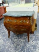 A FRENCH BOMBE TWO DRAWER COMMODE WITH GREEN MARBLE TOP AMND BRONZE MOUNTS.