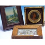 19th.C.CONTINENTAL SCHOOL. A MINIATURE RIVER LANDSCAPE WITH CASTLE, OIL ON BOARD IN CARVED FRAME.