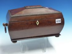 A Wm.IV.MAHOGANY TEA CADDY WITH FITTED INTERIOR AND GLASS MIXING BOWL.