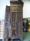 TWO EARLY CARVED OAK ARCHITECTURAL LINEN FOLD PANEL SECTIONS WITH SOME MOULDINGS.