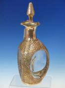 A CHINESE DECANTER WITH SILVER OVERLAY DECORATION WITH DRAGON PAGODA AND BAMBOO, MARKED STERLING