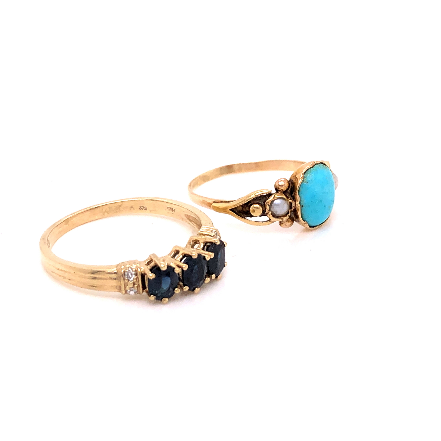 A 20th C. TURQUOISE AND PEARL RING, FINGER SIZE O, TOGETHER WITH A 9ct GOLD THREE STONE OVAL - Image 2 of 3