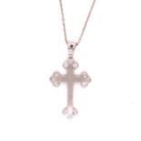 AN 18ct WHITE GOLD DIAMOND SET CROSS AND CHAIN. APPROXIMATE ESTIMATED DIAMOND WEIGHT 0.35cts.