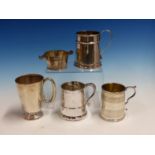 A GROUP OF FOUR 19th C. AND LATER HALLMARKED SILVER CHRISTENING TANKARDS AND A QUAICHE FORM SMALL