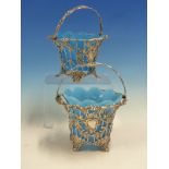A PAIR OF VICTORIAN HALLMARKED SILVER HANDLED BASKETS WITH PALE BLUE ASSOCIATED LINERS, DATED