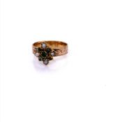 A VICTORIAN GOLD EMERALD AND PEARL CLUSTER RING, ENGRAVED INSIDE OF BAND 1856, FINGER SIZE O 1/2.