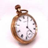 A 10ct ROLLED GOLD WALTHAM POCKET WATCH IN AN A.L.D. DENNISON CASE, SUSPENDED IN A GLASS WATCH
