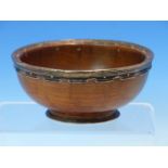 AN OMAR RAMSDEN SILVER HALLMARKED AND BURR YEW WOOD TURNED SMALL BOWL OR MAZA ENGRAVED UNDER REVERSE