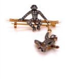 AN ANTIQUE BAR BROOCH WITH SEATED DIAMOND AND SAPPHIRE SET CHIMPANZEE AND A FURTHER RUBY AND DIAMOND