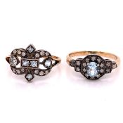 A 15ct GOLD AND DIAMOND SET ORNATE OPEN WORK RING, SIZE N, WEIGHT 1.9grms, AND A FURTHER DIAMOND AND