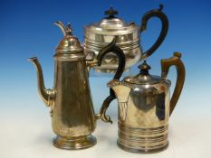 A SILVER HALLMARKED COFFEE POT ,AND TWO FURTHER SILVER HALLMARKED TEA POTS FOR LAMBERT AND CO AND