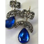 A PAIR OF 19th C. ARTICULATED PASTE EARRINGS. THE LARGE BLUE ARTICULATED PASTE TEARDROPS SET IN