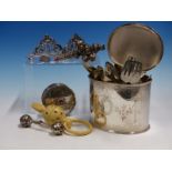 A VICTORIAN SILVER AND CORAL BABIES RATTLE, A SIVLER BELL RATTLE, TWO SILVER PLACE CARD HOLDERS A