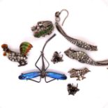 A PAIR OF RODENT PAVE SET PASTE LARGE DROP EARRINGS, A PAVE SET PASTE FROG BROOCH, AN ENAMEL AND