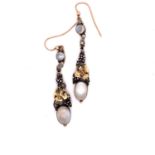 A PAIR OF ANTIQUE MOONSTONE, SILVER AND GOLD DROP EARRINGS GRAPE VINE FORM. DROP 5cms, WEIGHT 7.