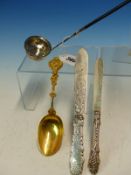 A SILVER TODDY LADLE WITH ENGRAVED MONOGRAM, A HALLMARKED SILVER LETTER OPENER, A SILVER BUTTER