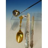 A SILVER TODDY LADLE WITH ENGRAVED MONOGRAM, A HALLMARKED SILVER LETTER OPENER, A SILVER BUTTER