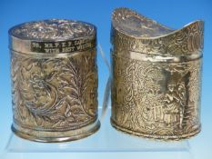 AN ANTIQUE CONTINENTAL SILVER NAVETTE FORM LIDDED CADDY,TOGETHER WITH A MIDDLE EASTERN REPOUSSE