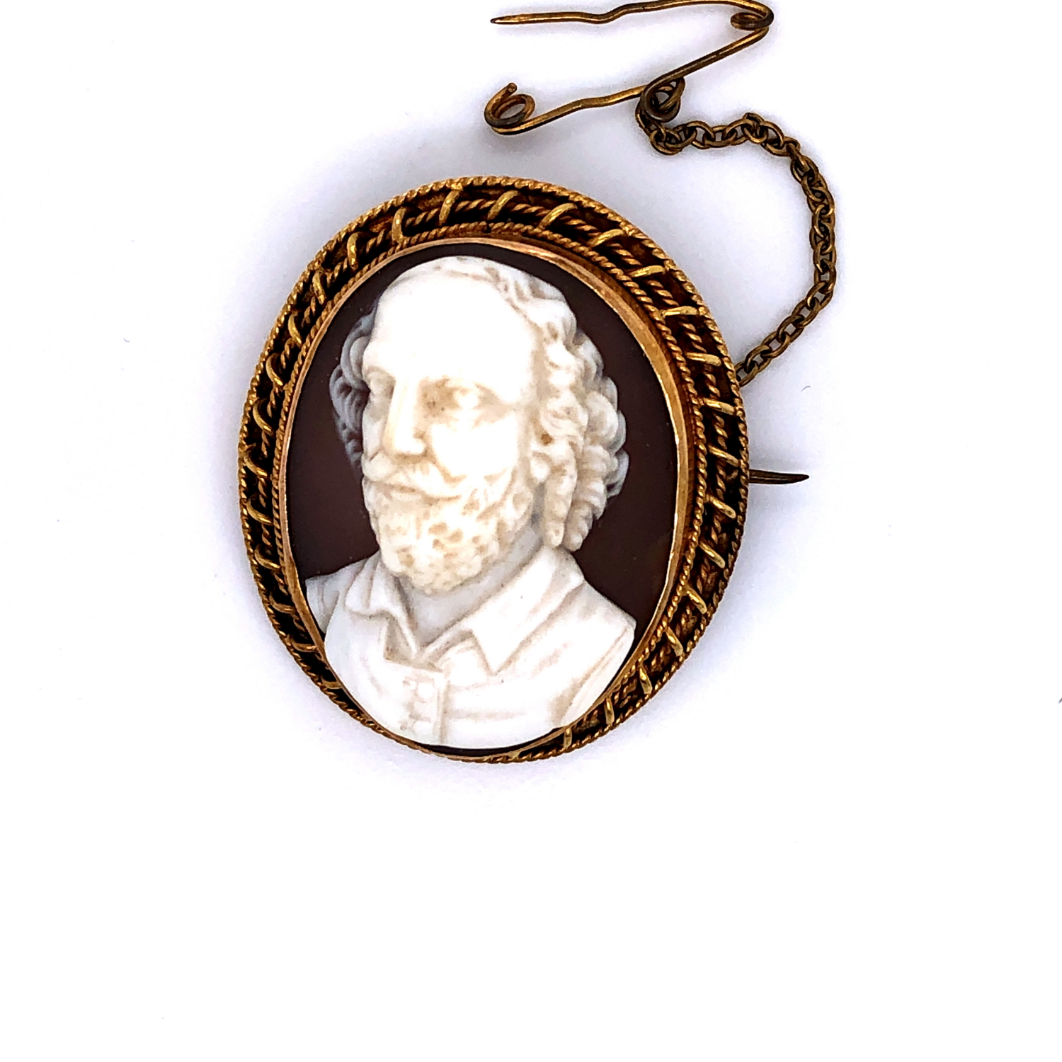 A PORTRAIT CAMEO, POSSIBLY WILLIAM SHAKESPEARE WITH A GLAZED BACK, MOUNTED IN A YELLOW METAL ROPE - Image 12 of 13