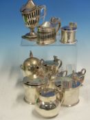 A PAIR OF HALLMARKED SILVER MUSTARDS WITH BLUE GLASS LINERS, A VICTORIAN HELMET FORM MUSTARD DATED