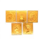 A PART SET OF FIVE FRENCH 24ct GOLD POSTAGE STAMPS, CASED. GROSS WEIGHT 28.8grms.
