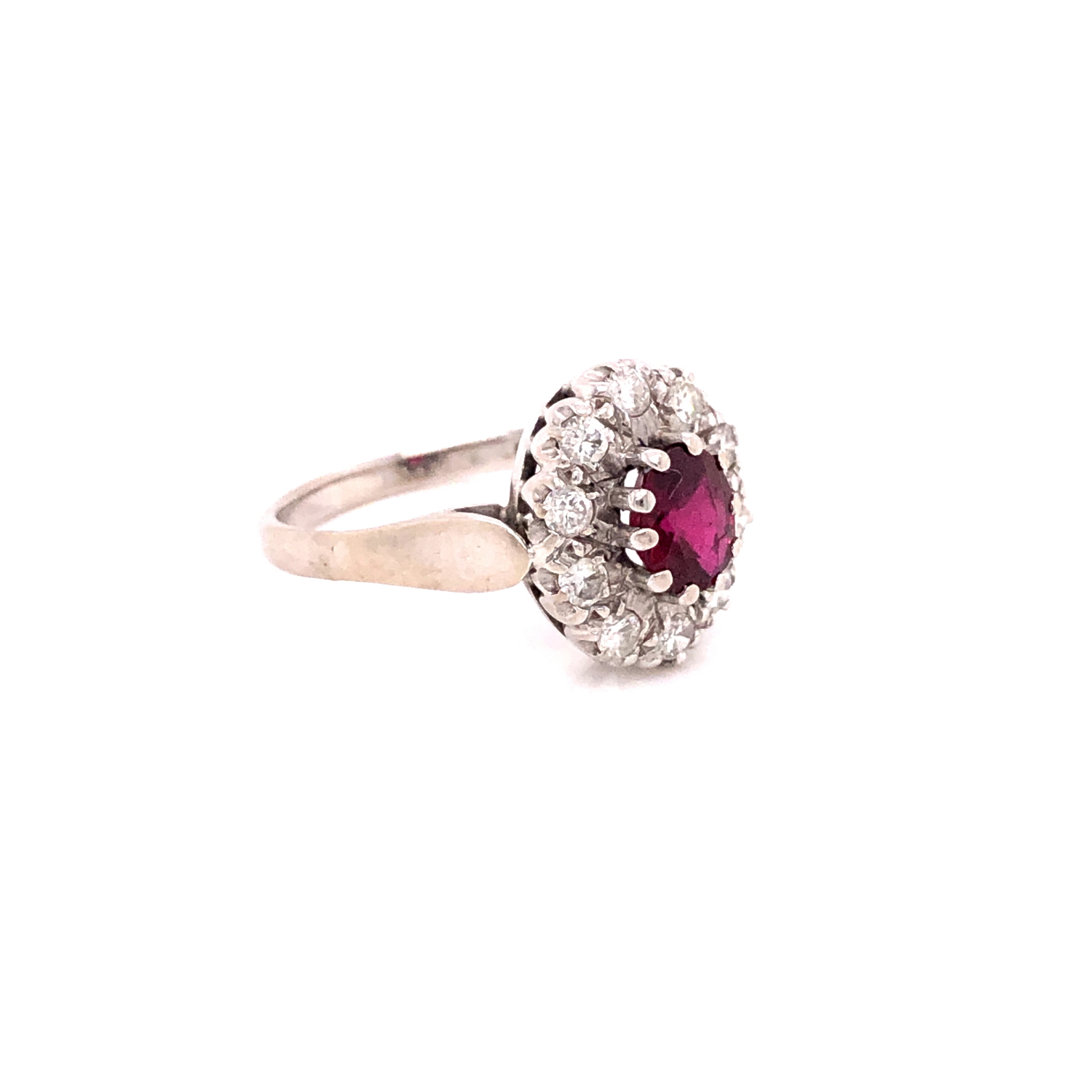 AN 18ct WHITE GOLD RUBY AND DIAMOND CLUSTER RING. THE OVAL CLAW SET RUBY SURROUNDED BY A CLUSTER - Image 2 of 18