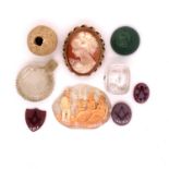 THREE MASONIC SARDONYX UNMOUNTED SEALS, A CAMEO BROOCH, A FURTHER UNMOUNTED CAMEO, A CARVED