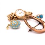 A LADIES 9ct GOLD ROTARY BRACELET WATCH TOGETHER WITH A 14ct GOLD AND ENAMEL EGG PENDANT, A PAIR