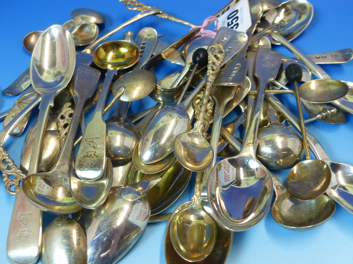 A COLLECTION OF VARIOUS 19th C. AND LATER HALLMARKED SILVER AND PLATED SMALL SPOONS, BUTTER