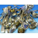 A COLLECTION OF VARIOUS 19th C. AND LATER HALLMARKED SILVER AND PLATED SMALL SPOONS, BUTTER