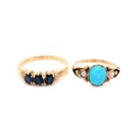 A 20th C. TURQUOISE AND PEARL RING, FINGER SIZE O, TOGETHER WITH A 9ct GOLD THREE STONE OVAL